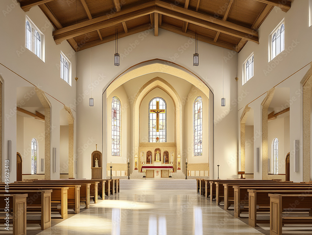 Fototapeta premium Modern Interior of a Catholic Church With Sunlight Streaming Through Stained Glass Windows