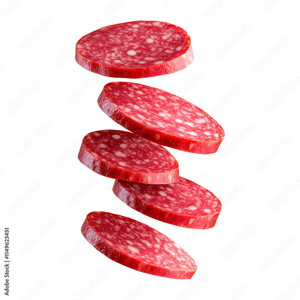 Slices of salami in mid-air isolated on white transparent background, concept of gourmet food and delicacy. Slices of salami in mid-air isolated on white transparent background, concept of gourmet food and delicacy.