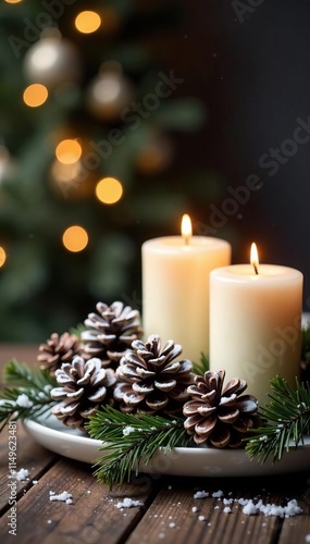 Snowy pinecones and candles on a wooden table, pinecones, decorations