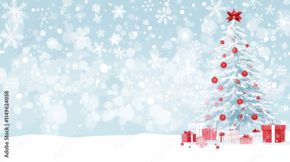 Obraz premium Snowy Christmas scene with tree and gifts.