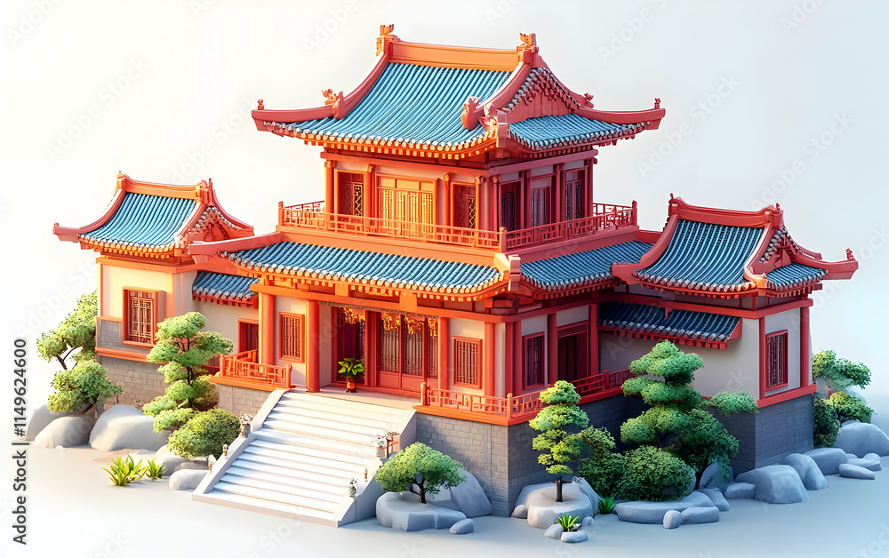 Fototapeta premium A beautifully designed traditional Asian-style building surrounded by greenery and stones.