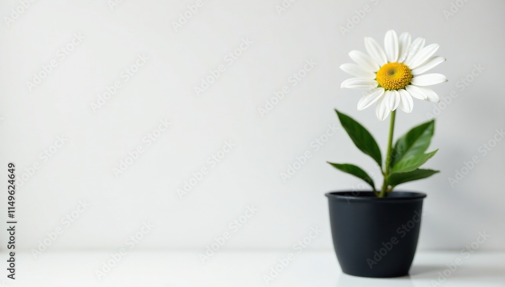A single daisy in a black pot against a white background, white daisies, minimalist decor, black pot A single daisy in a black pot against a white background, white daisies, minimalist decor, black pot