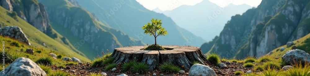 A small tree sprouts from a circular stump in a rugged mountainous landscape, flora, rebirth A small tree sprouts from a circular stump in a rugged mountainous landscape, flora, rebirth