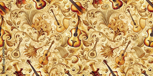 Elegant vintage music pattern featuring guitars and floral elements.