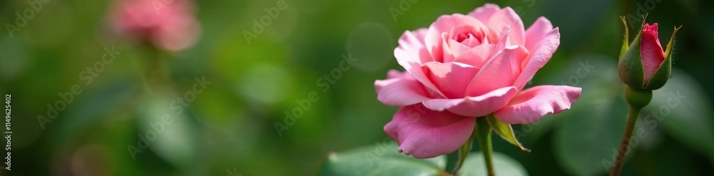 Delicate petals unfurl on the stem, revealing elegant pink roses, greenery, garden Delicate petals unfurl on the stem, revealing elegant pink roses, greenery, garden