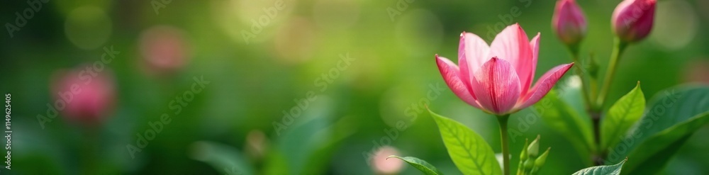 Delicate pink flower bud with green leaves nestled among lush foliage, flowers in bed, flowers Delicate pink flower bud with green leaves nestled among lush foliage, flowers in bed, flowers