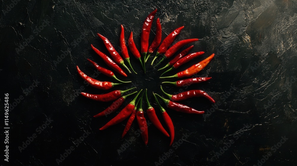 Vibrant Red Chili Peppers Arranged in Circular Pattern on Dark Surface Vibrant Red Chili Peppers Arranged in Circular Pattern on Dark Surface
