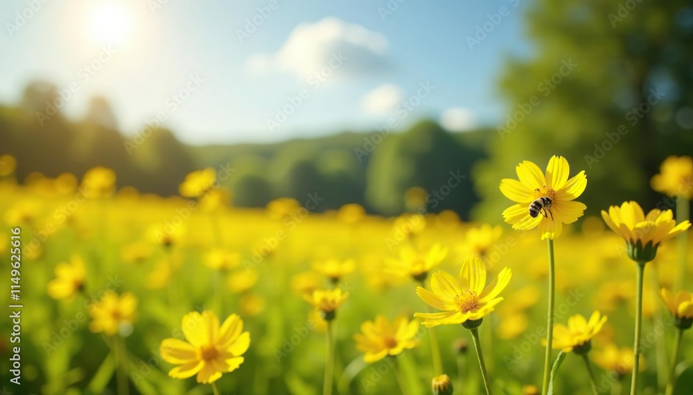 Eine Biene in einem Sonnenhut gelben Blumenstrauch, sunny meadow, yellow flowers Eine Biene in einem Sonnenhut gelben Blumenstrauch, sunny meadow, yellow flowers