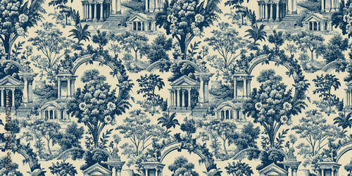 Elegant vintage floral wallpaper featuring classical architecture in blue tones.