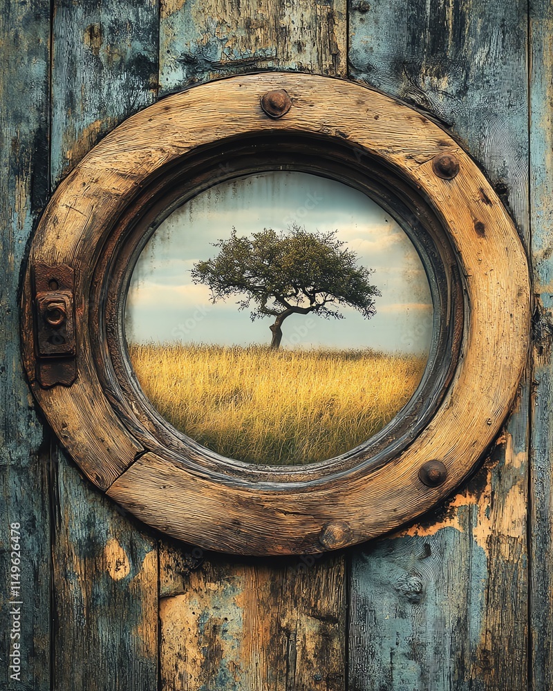 A closeup of a rustic porthole window with a lonely tree in a meadow, framed by intricate wood grain texture with knots and a weathered feel A closeup of a rustic porthole window with a lonely tree in a meadow, framed by intricate wood grain texture with knots and a weathered feel