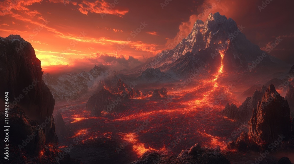 Fototapeta premium Erupting Volcano at Twilight with Flowing Lava and Fiery Skies