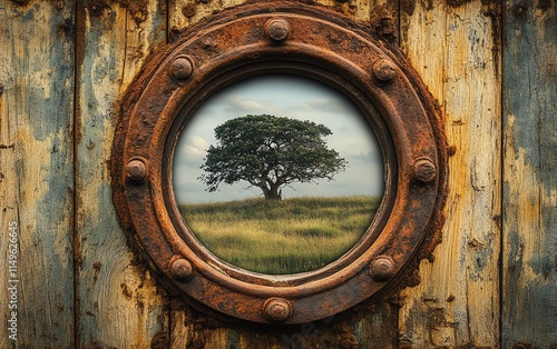 A closeup of a rusty old porthole window, offering a view of a lonely tree in a meadow, framed by intricate knots and wood grain texture