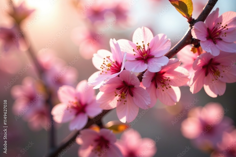 Plum blossoms bloom on the branches of the plum tree in warm sunlight, tree blooms, natural scenery, flowering plum