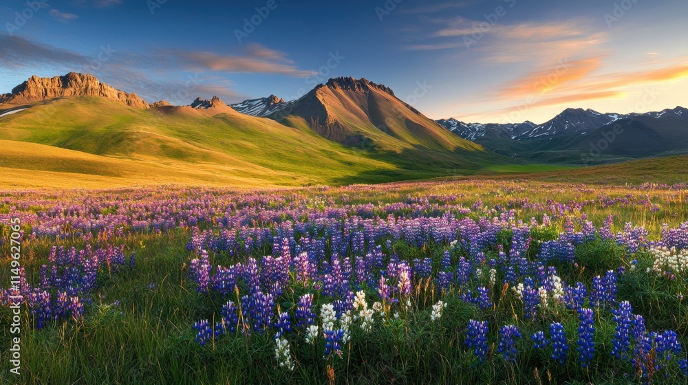 Obraz premium Majestic Mountain Landscape with Colorful Wildflower Field at Sunset