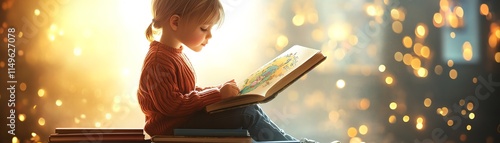 A young child immersed in a storybook, seated atop a stack of books, colorful illustrations popping out, whimsical atmosphere, vibrant lighting photo