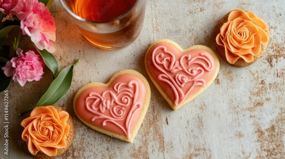 Heart-Shaped Cookies with Floral Decor and Tea on Rustic Background Heart-Shaped Cookies with Floral Decor and Tea on Rustic Background