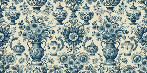 Elegant floral wallpaper featuring intricate blue and white designs with vases and flowers.