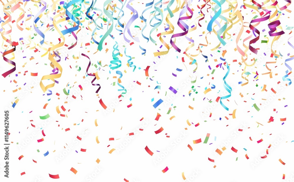 Obraz premium Colorful Confetti and Streamers Falling on White Background