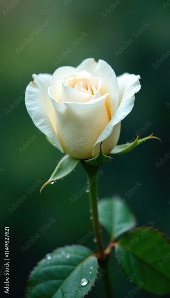 Soft and delicate petals of a white rose unfolding against a background of summer rain, summer rain, water droplet Soft and delicate petals of a white rose unfolding against a background of summer rain, summer rain, water droplet