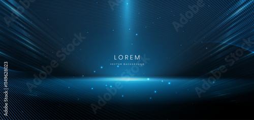 Abstract scene elegant blue light lines on dark background with lighting effect and sparkle.