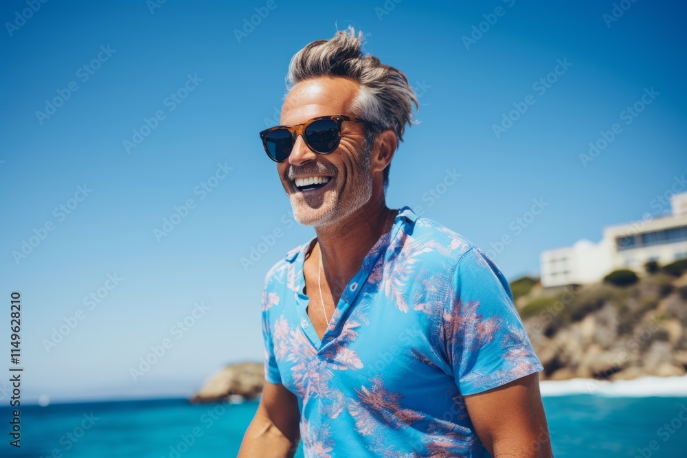 Portrait of happy senior man in sunglasses standing on beach and laughing Portrait of happy senior man in sunglasses standing on beach and laughing