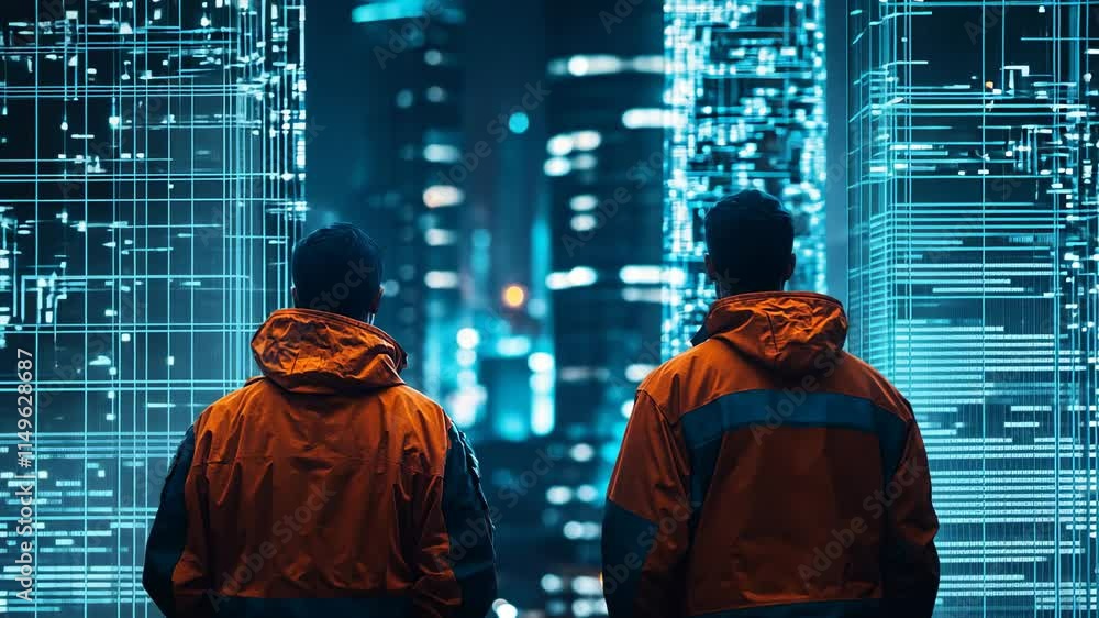 Futuristic Digital Cityscape with Two Silhouetted Figures at Night Futuristic Digital Cityscape with Two Silhouetted Figures at Night