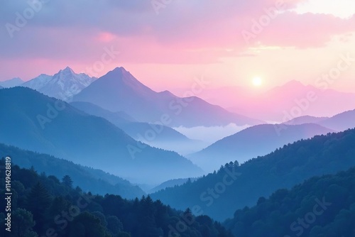 Blue and pink pastel mountains in the misty dawn, dreamy atmosphere, calming, soft focus