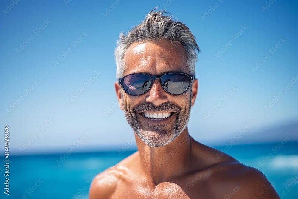 Portrait of smiling man with sunglasses on the beach against blue sky Portrait of smiling man with sunglasses on the beach against blue sky