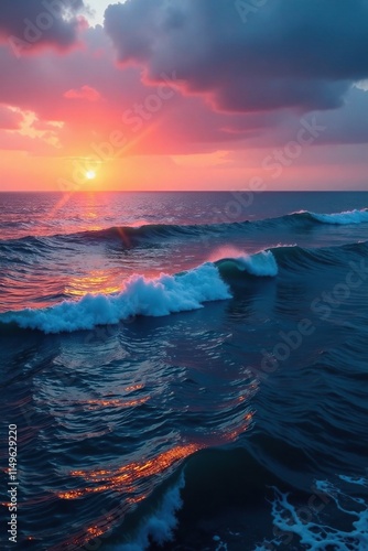 Dark blue ocean at dawn with a single wave breaking in the distance, dawn ocean, early morning scene, dark blue ocean photo