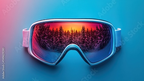 White ski goggles reflecting winter sunset landscape.