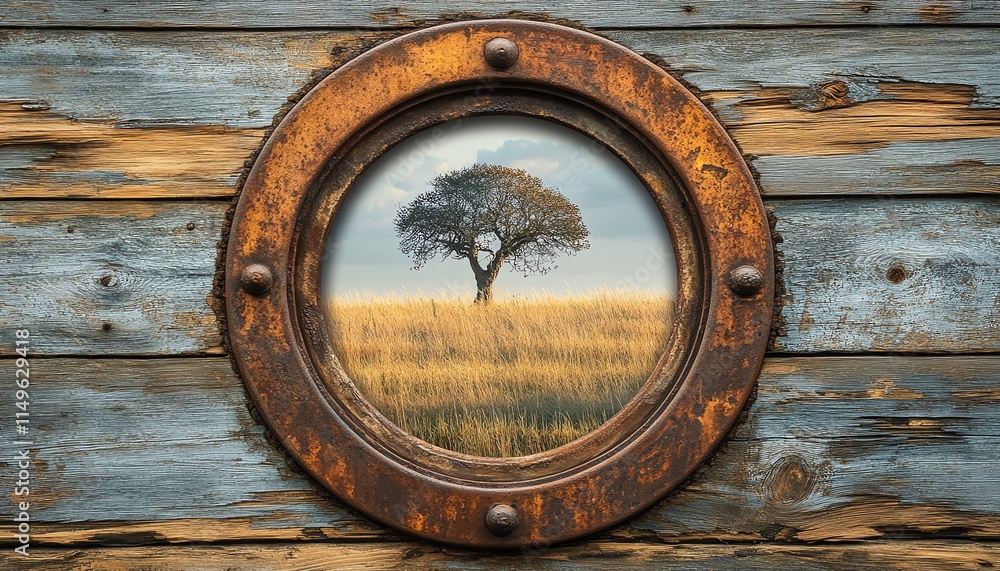Fototapeta premium An aged, rusty porthole window with a view of a solitary tree in a meadow, set against a background of weathered wood grain and natural knots
