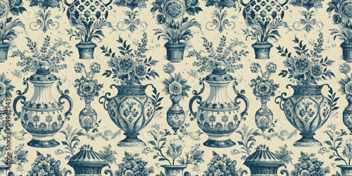 Elegant blue and white floral vintage pattern featuring vases and arrangements.