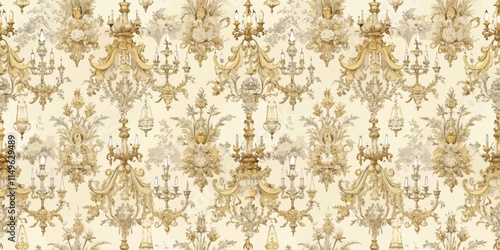 Elegant vintage wallpaper featuring ornate chandeliers and floral motifs.
