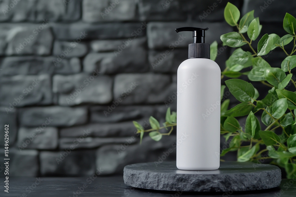 Close-up of a white blank shampoo bottle mockup with a black pump placed on a gray stone plate, featuring a green plant and a textured gray brick wall background. Close-up of a white blank shampoo bottle mockup with a black pump placed on a gray stone plate, featuring a green plant and a textured gray brick wall background.