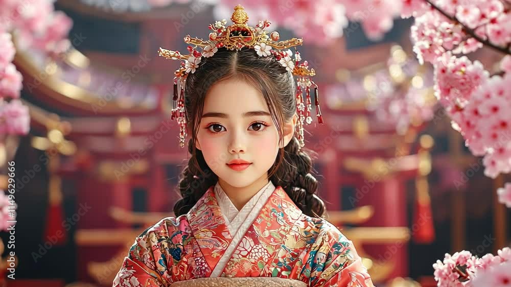 Young Asian Girl in Traditional Dress Surrounded by Cherry Blossoms