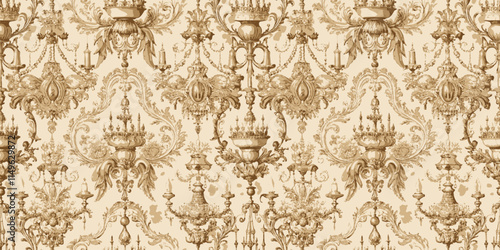 Elegant vintage wallpaper with ornate chandeliers and intricate patterns.