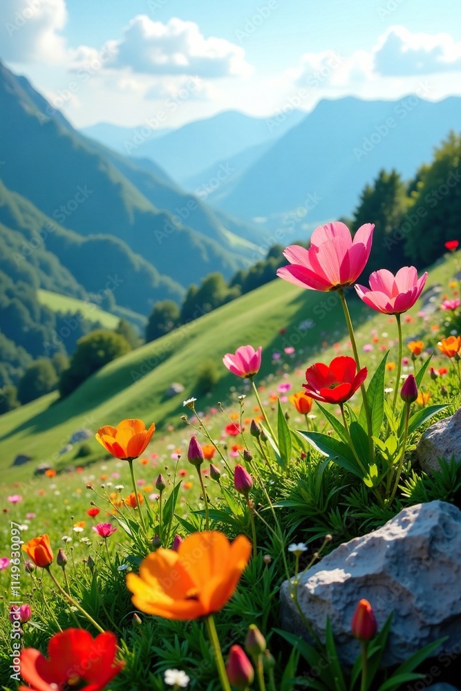 Gently swaying flowers dance in the breeze on hillside, landscape, foliage Gently swaying flowers dance in the breeze on hillside, landscape, foliage