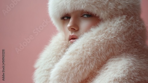 Woman in fluffy cream-colored fur hat and coat against a pink background.