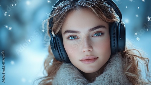 Woman listening to music in headphones outdoors in winter. Snow on her hair.