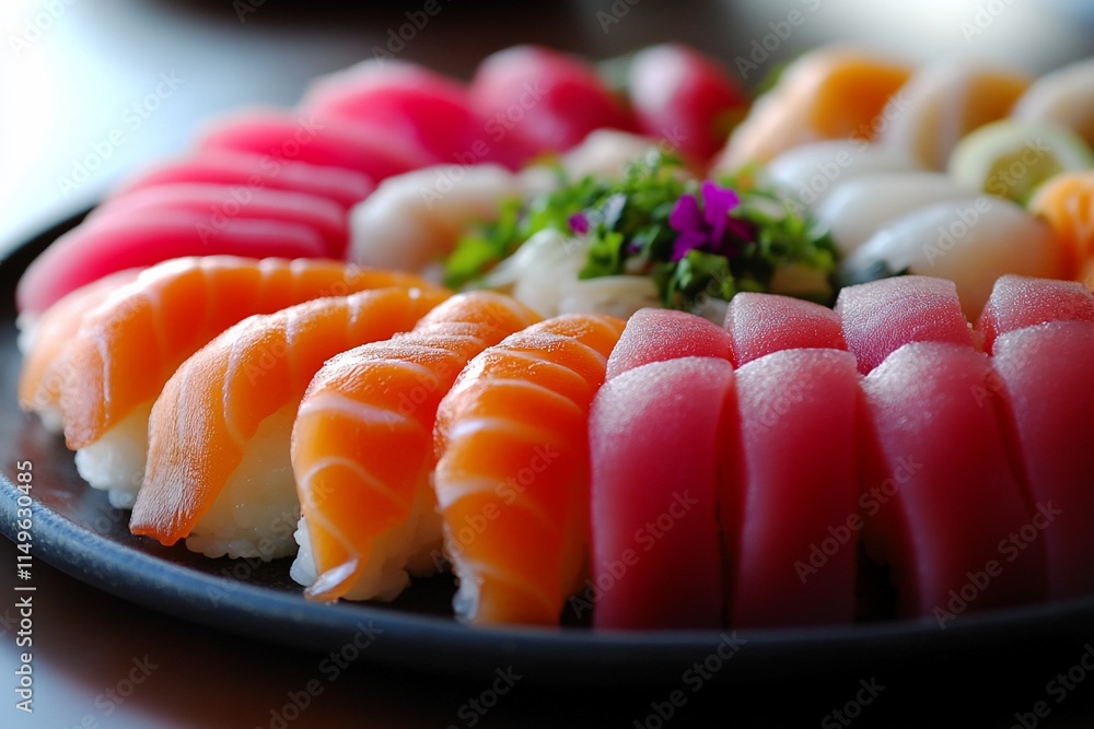 Fresh sushi platter with various fish slices arranged in a circular pattern on a dark plate. Fresh sushi platter with various fish slices arranged in a circular pattern on a dark plate.