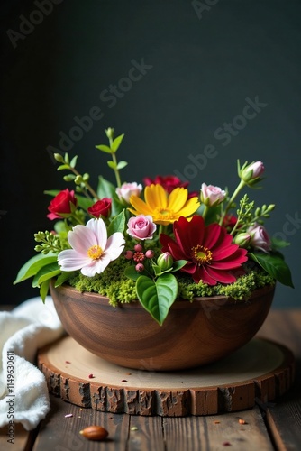 Mossy wooden bowl filled with winter flowers and greenery, rustic elegance, winter still life