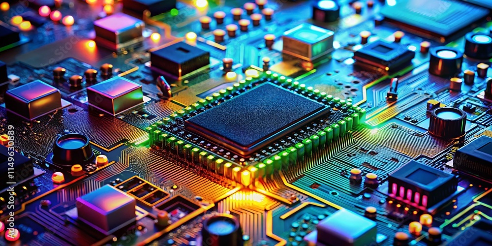 Obraz premium Glowing Circuit Board Close-Up, Processors, Architecture