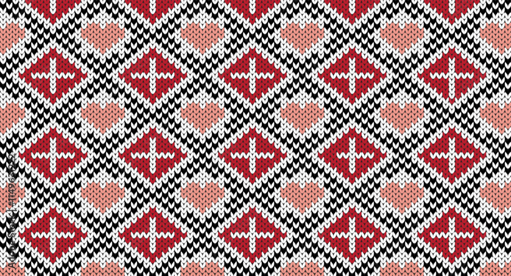 Pink heart and red geometric knitted pattern, Festive Sweater Design. Seamless Knitted Pattern, Valentine's concept. Pink heart and red geometric knitted pattern, Festive Sweater Design. Seamless Knitted Pattern, Valentine's concept.