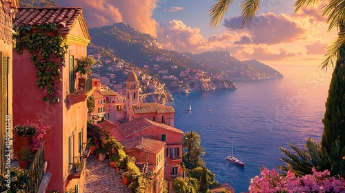 Colorful Cliffside Village with Dramatic Sunset over the Mediterranean Sea
