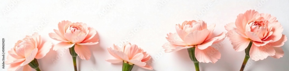 Soft peach pink carnations in loose bunches against a crisp white background, peach, fresh Soft peach pink carnations in loose bunches against a crisp white background, peach, fresh