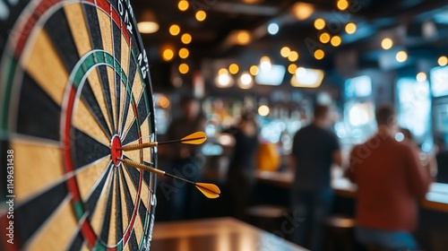 Darts board with two darts hitting the bullseye in a blurry bar background.