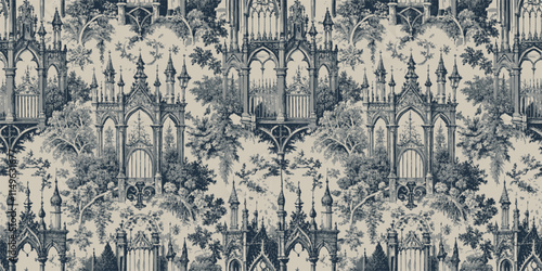 Intricate blue and white patterned wallpaper featuring gothic architecture.