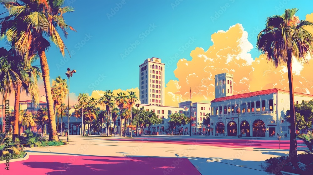 Naklejka premium Palm Trees Line a City Street With Buildings and a Sunset Sky