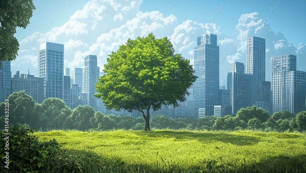 Obraz premium Urban Greenery: A Single Tree Stands Tall Amidst City Skyscrapers on a Sunny Day