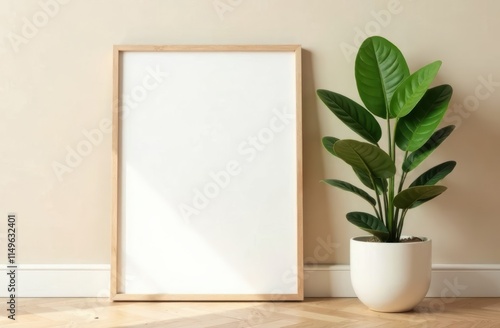 Poster with copy space. Mockup of a wooden frame with home plant ficus in pods. Scandinavian-style interior. White, minimalism. copy space